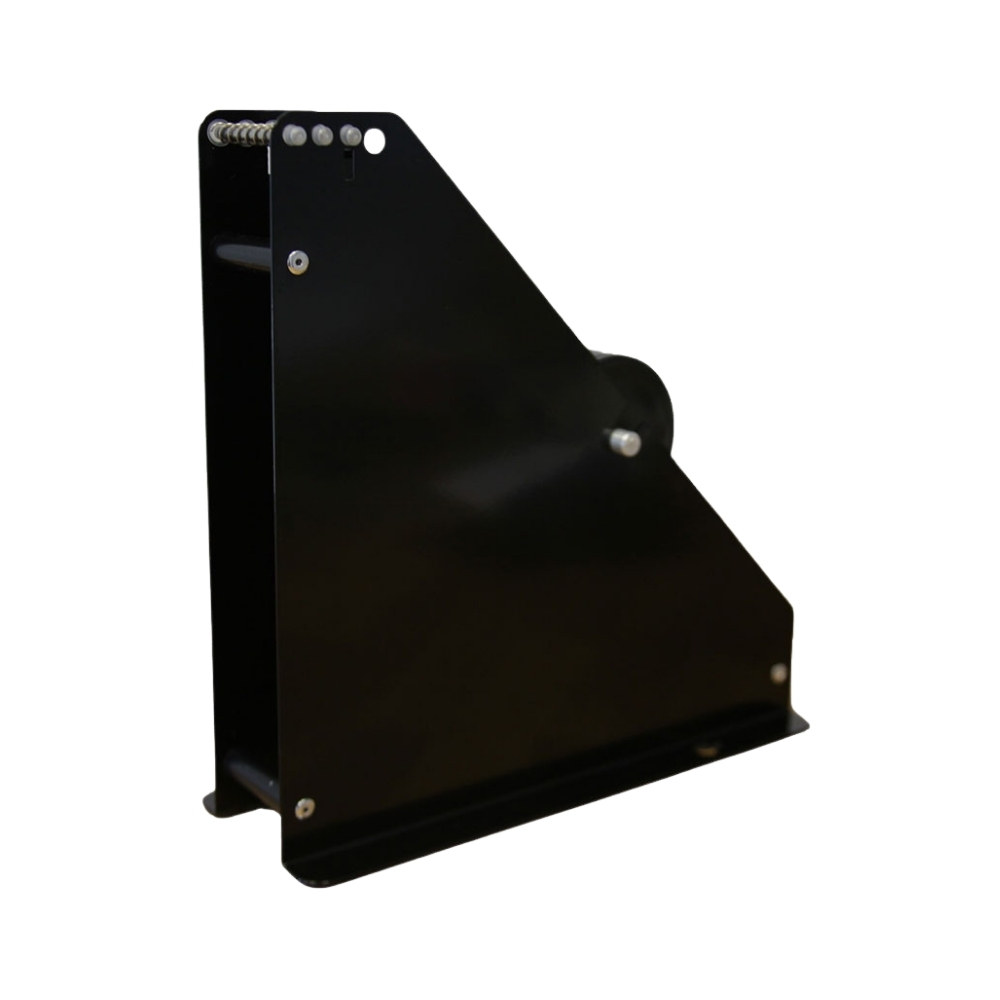 Vue latérale du châssis noir sans bobine, avec flasques métalliques, axe central, rouleau supérieur et base de fixation