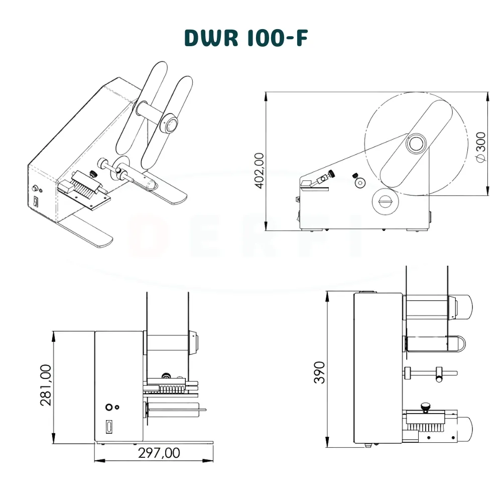 Plan technique coté avec plusieurs vues de la machine, support bobine, zone de distribution et diamètre de rouleau 300 mm