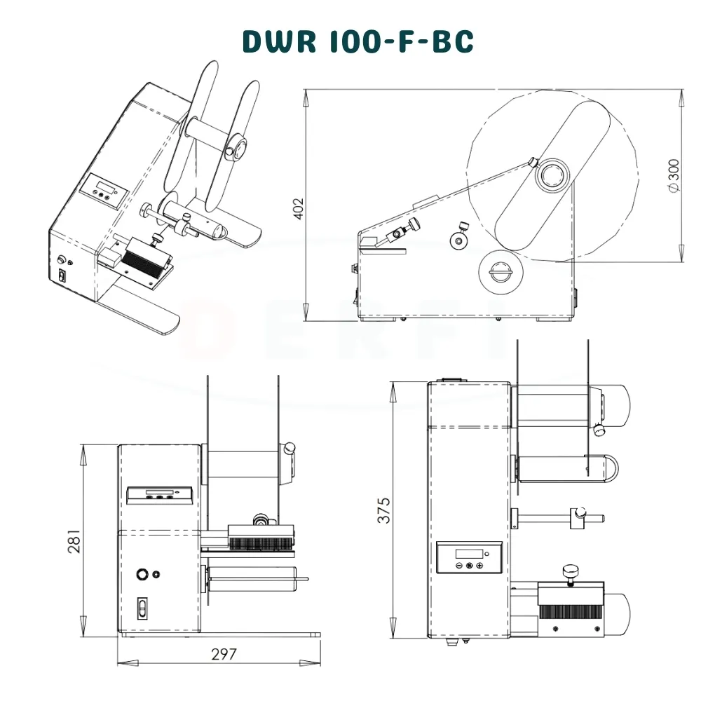 Plan technique complet du DWR100-F-BC avec vues cotées, hauteur, largeur et diamètre maximal de bobine