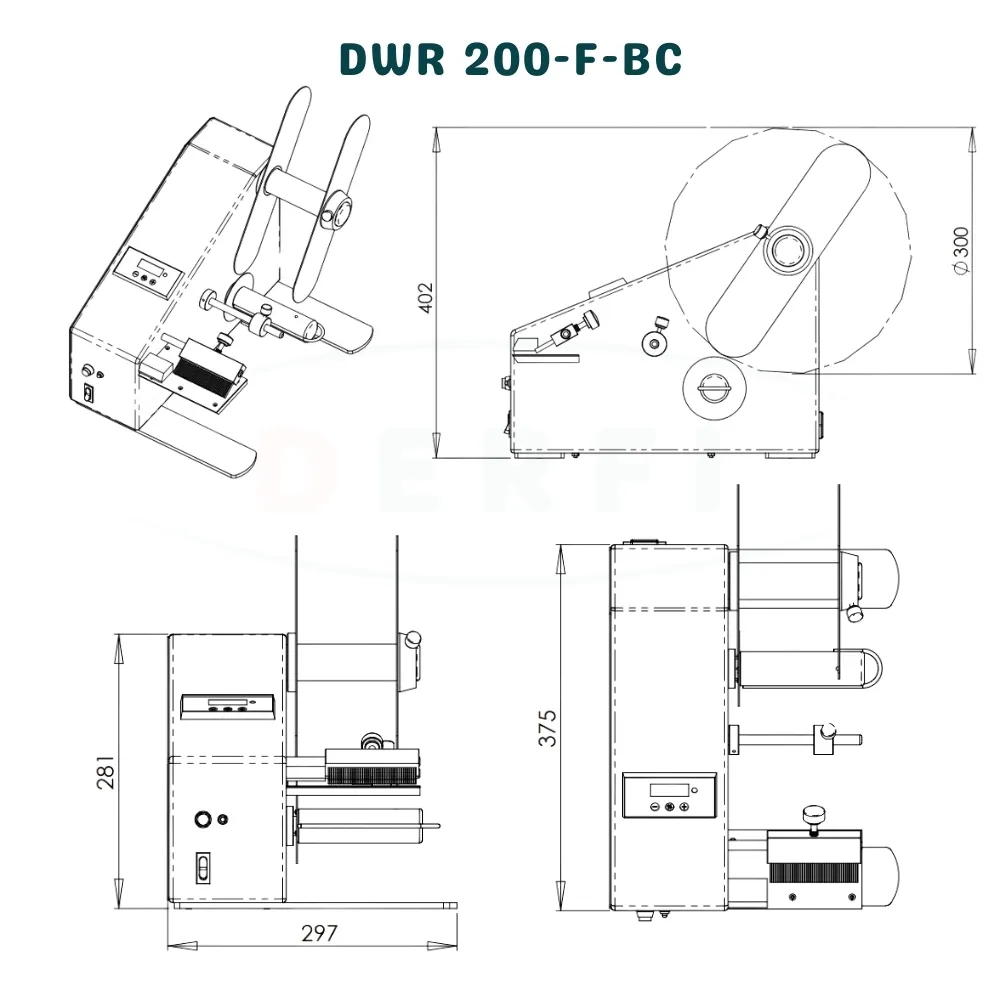 Plan technique de la version 200 mm complète, avec vues cotées, support bobine et zone de distribution