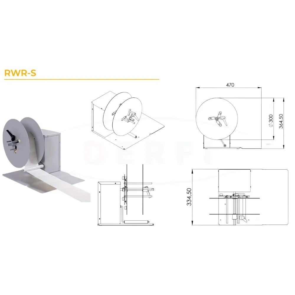 Plan coté du RWR-S avec encombrement, flasques et bobine diamètre 300 mm